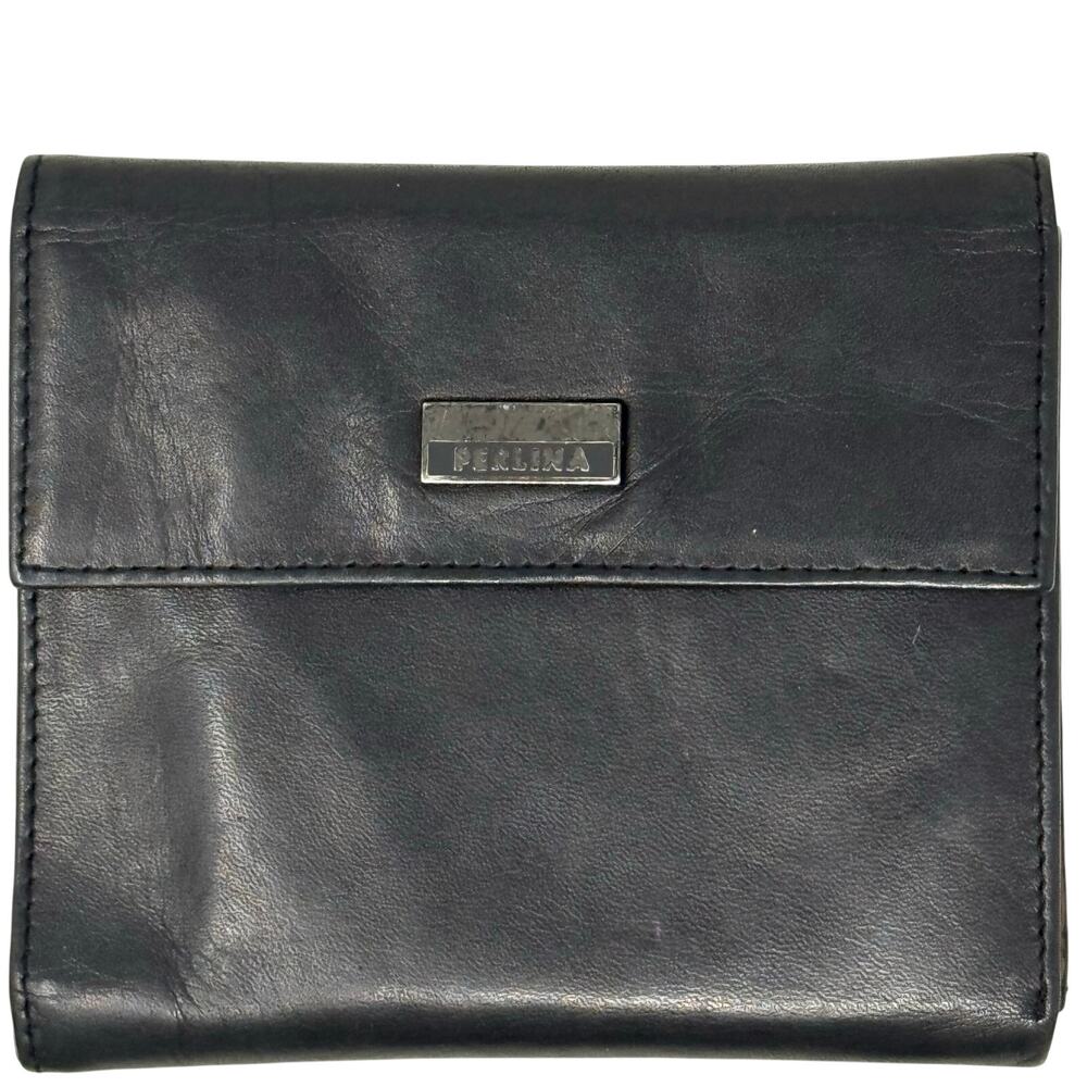 Vintage 00s Perlina New York Black Leather Wallet Clutch Organizer Zip Pocket